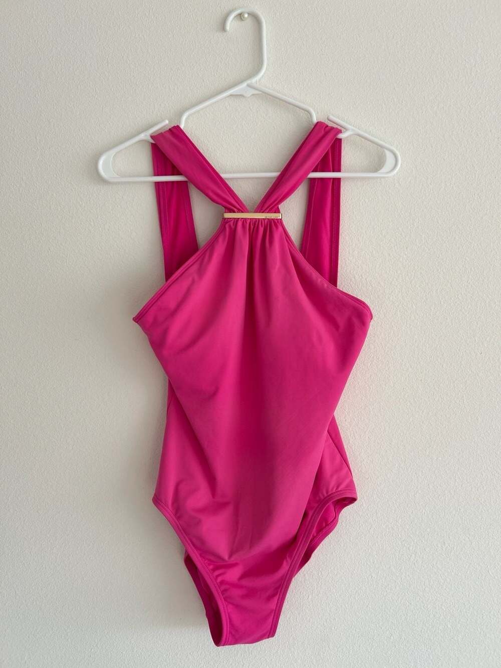 Michael Kors Hot Pink High-Neck One-Piece Swimsuit with Gold Hardware
